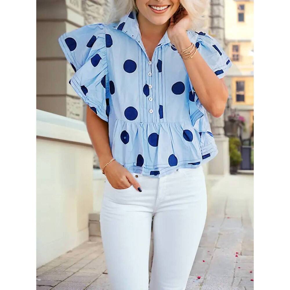 NEW 1 THE WOMAN polka dot print ruffled short sleeve buttoned collared blouse in